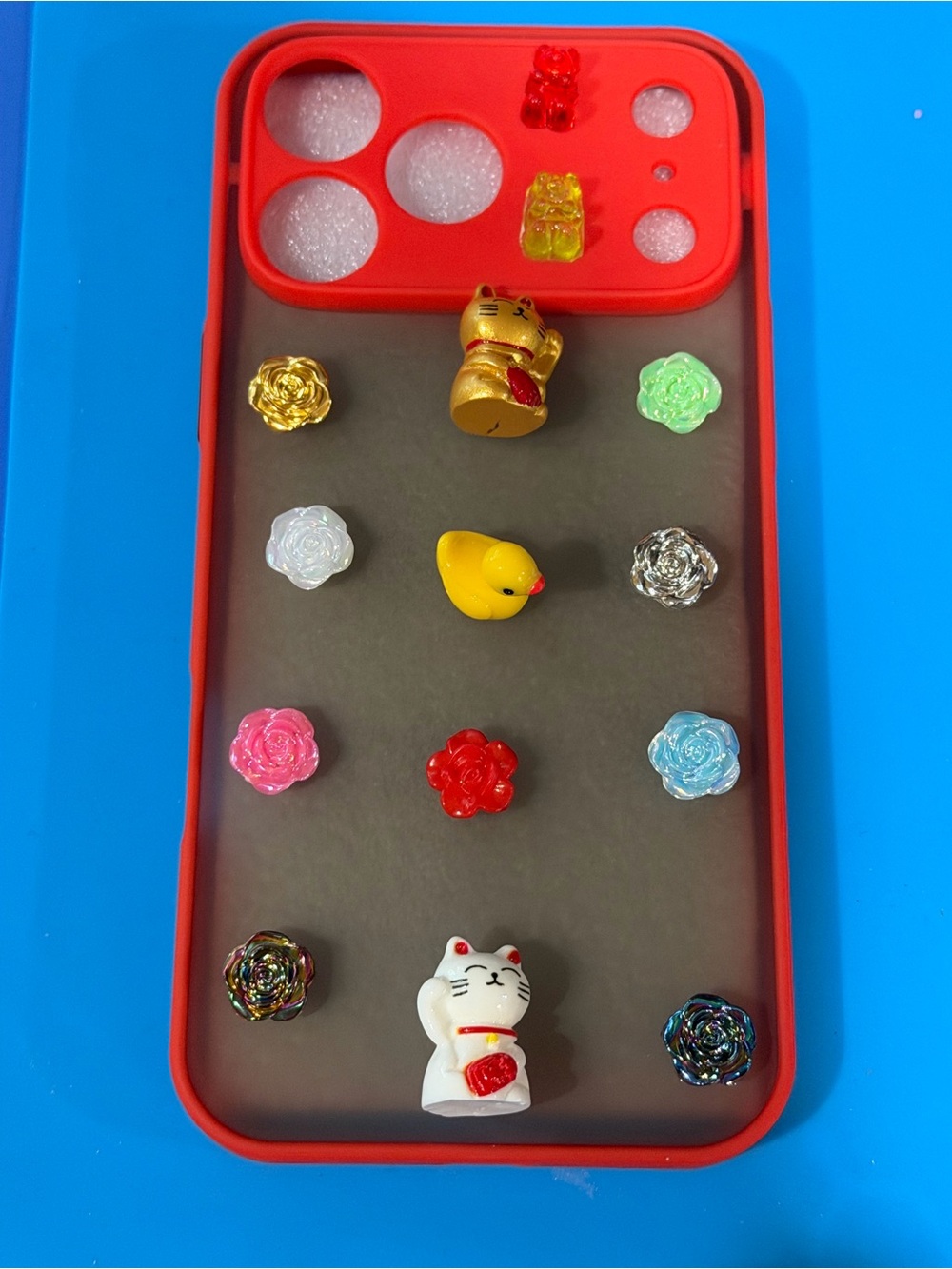 Red Silicone Kids Phone Case with Cute Charms - Lucky Cat & Duck Decor